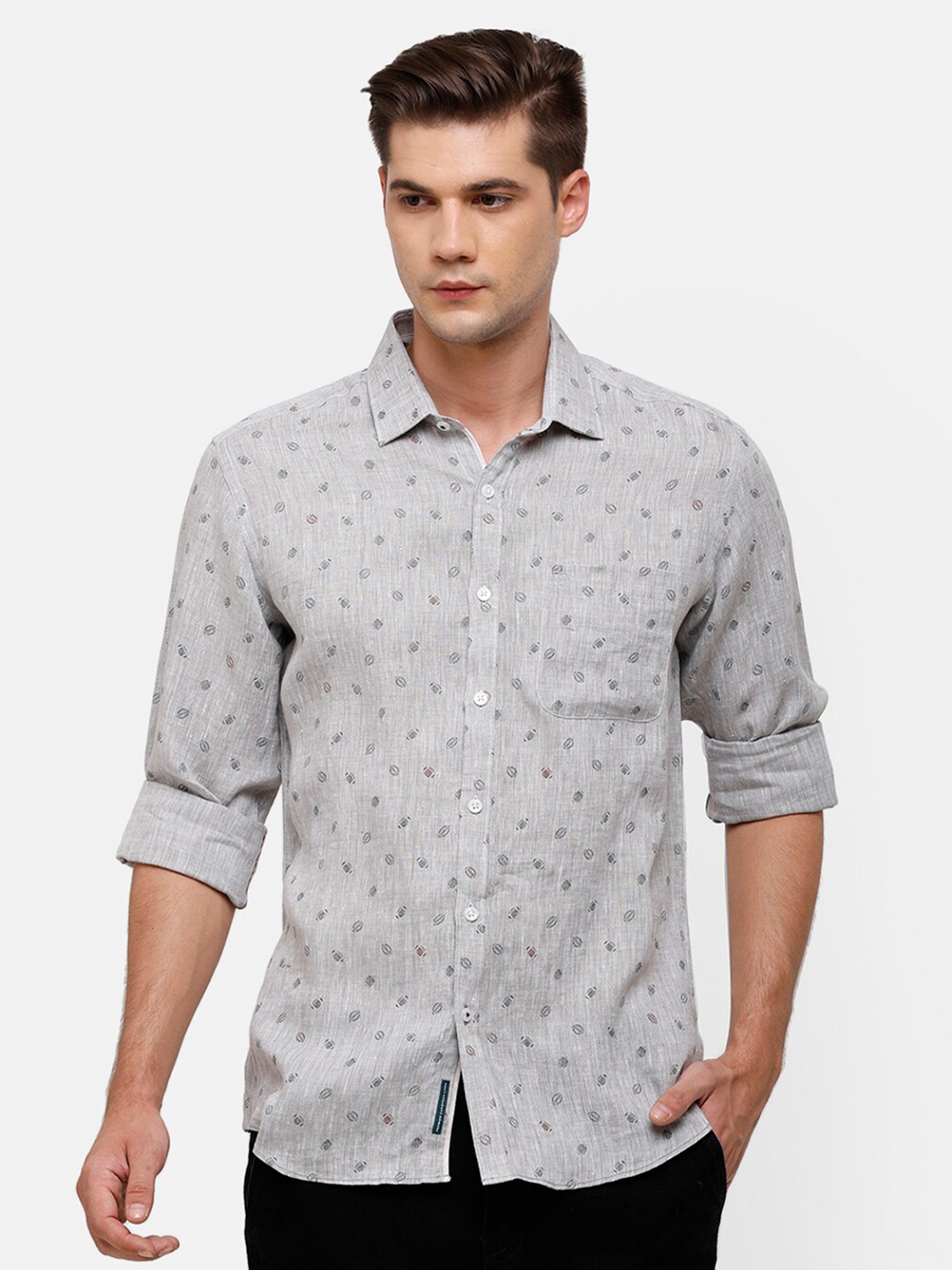 

Linen Club Men Grey Printed Linen Casual Shirt