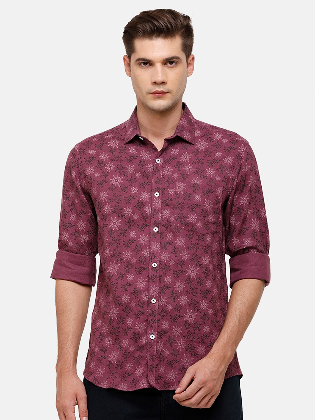 

Linen Club Men Purple Floral Printed Regular Fit Linen Casual Shirt