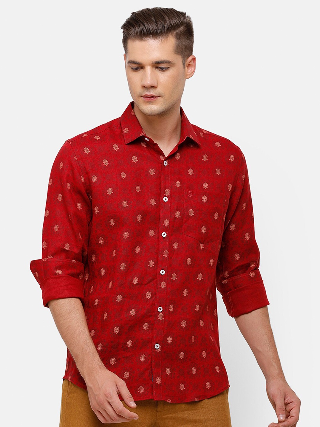 

Linen Club Men Red Floral Printed Linen Casual Shirt