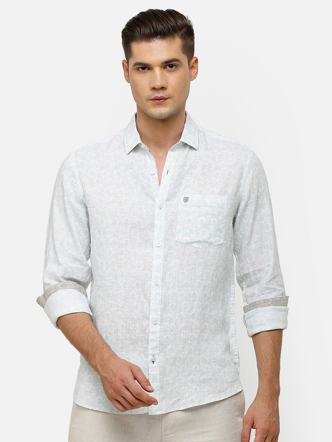 

Linen Club Men Turquoise Blue Floral Printed Linen Casual Shirt