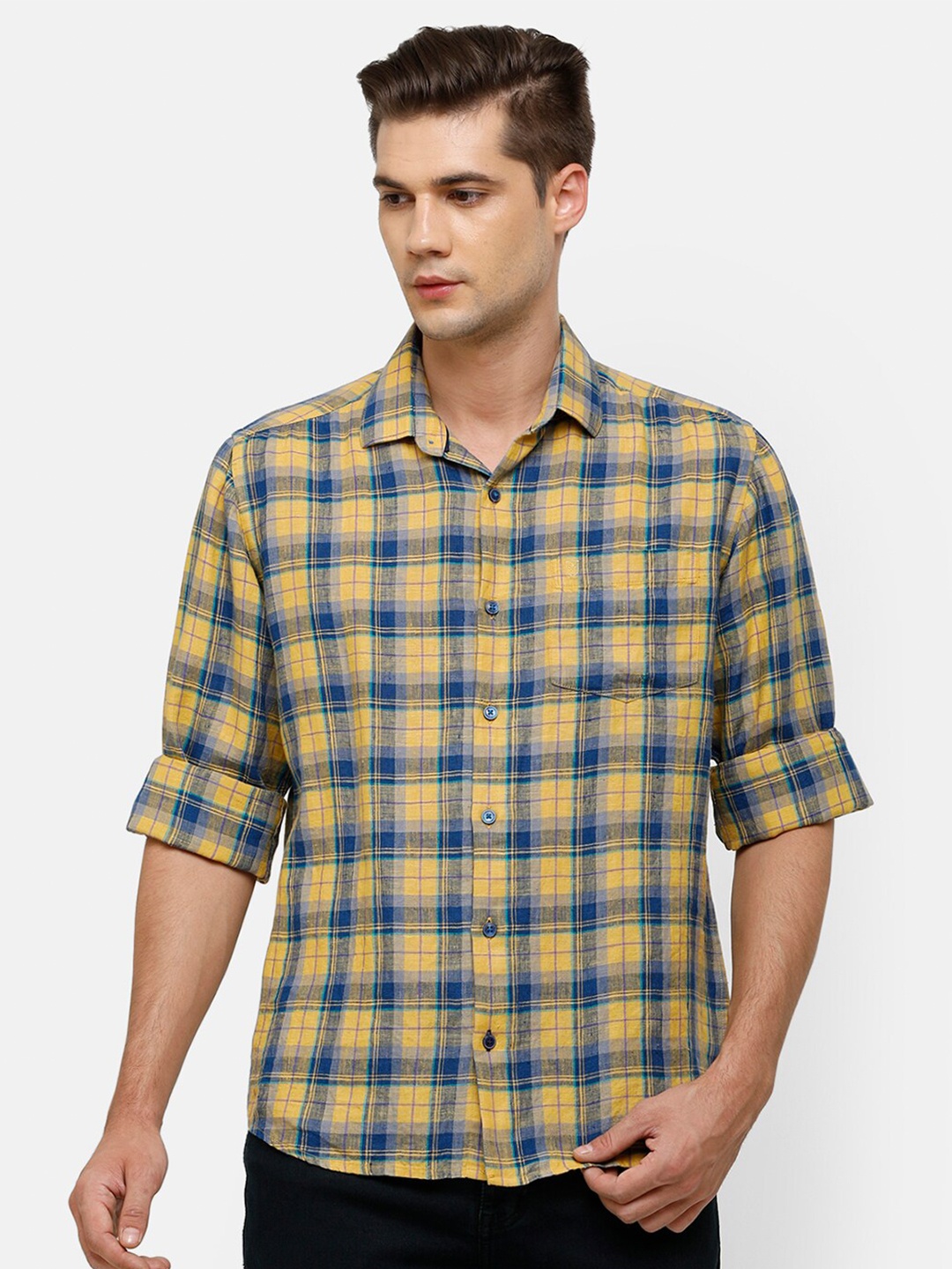 

Linen Club Men Yellow Tartan Checks Regular Fit Linen Casual Shirt