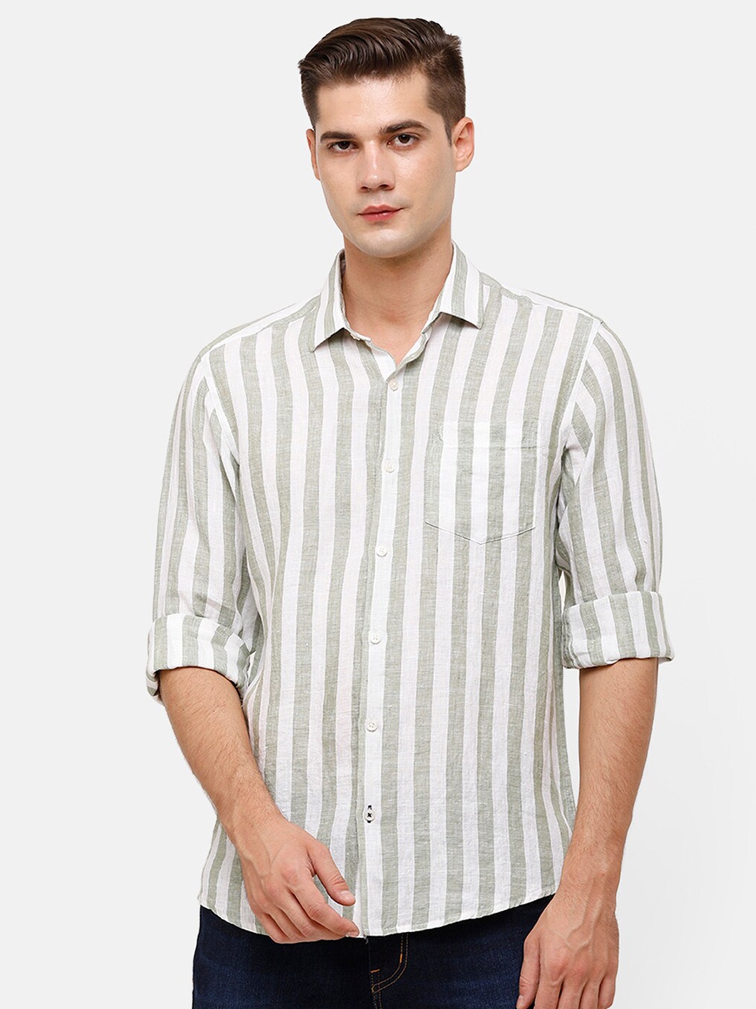 

Linen Club Men Green Striped Linen Casual Shirt
