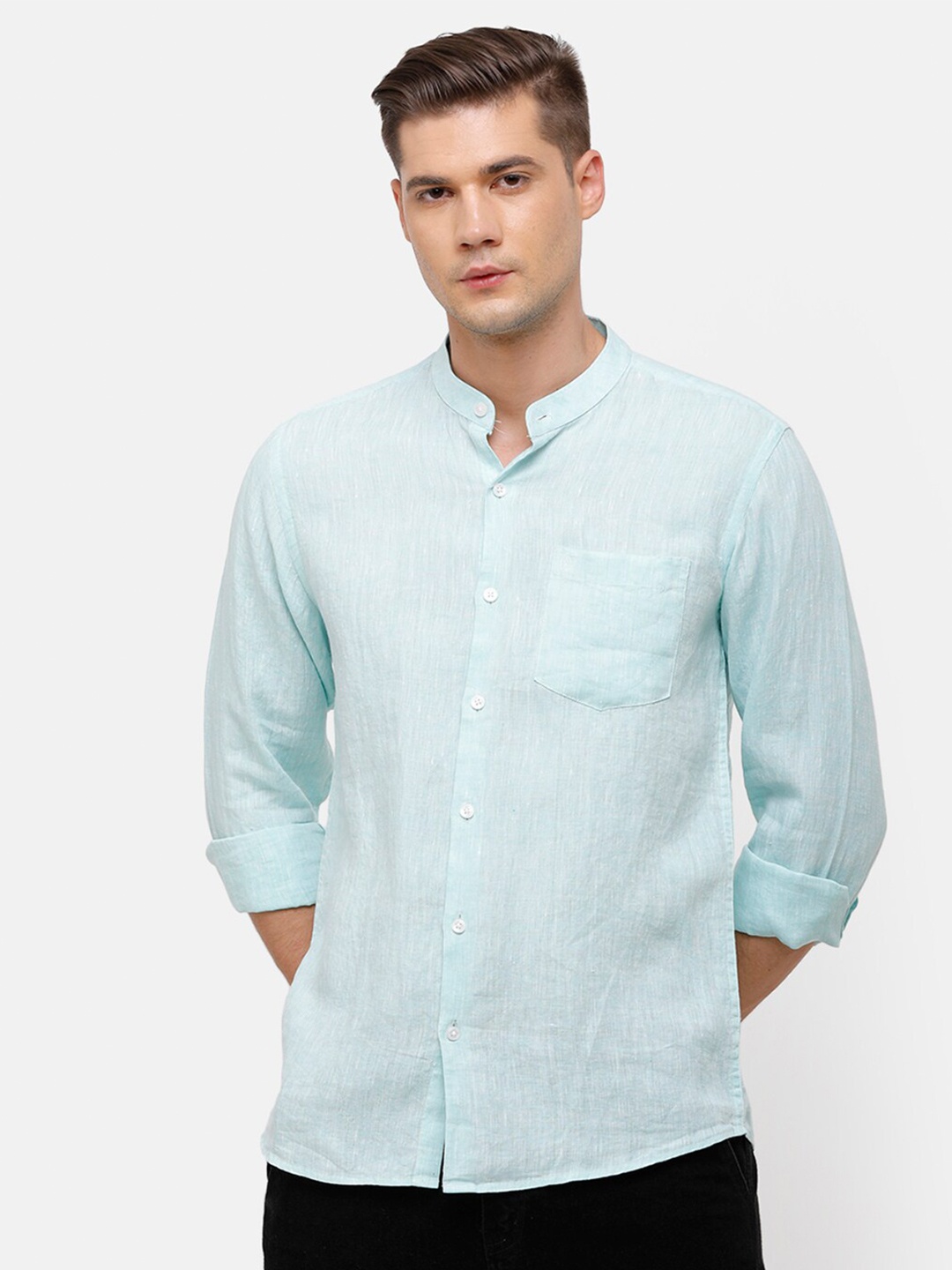 

Linen Club Men Turquoise Blue Linen Casual Shirt