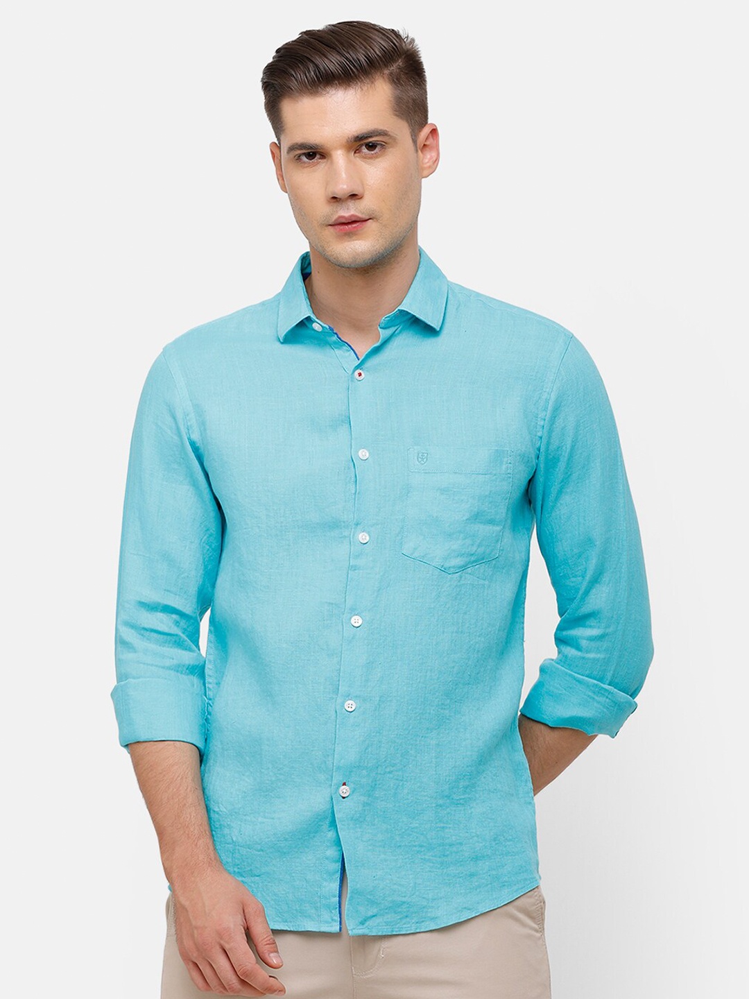 

Linen Club Men Turquoise Blue Solid Regular Fit Linen Casual Shirt