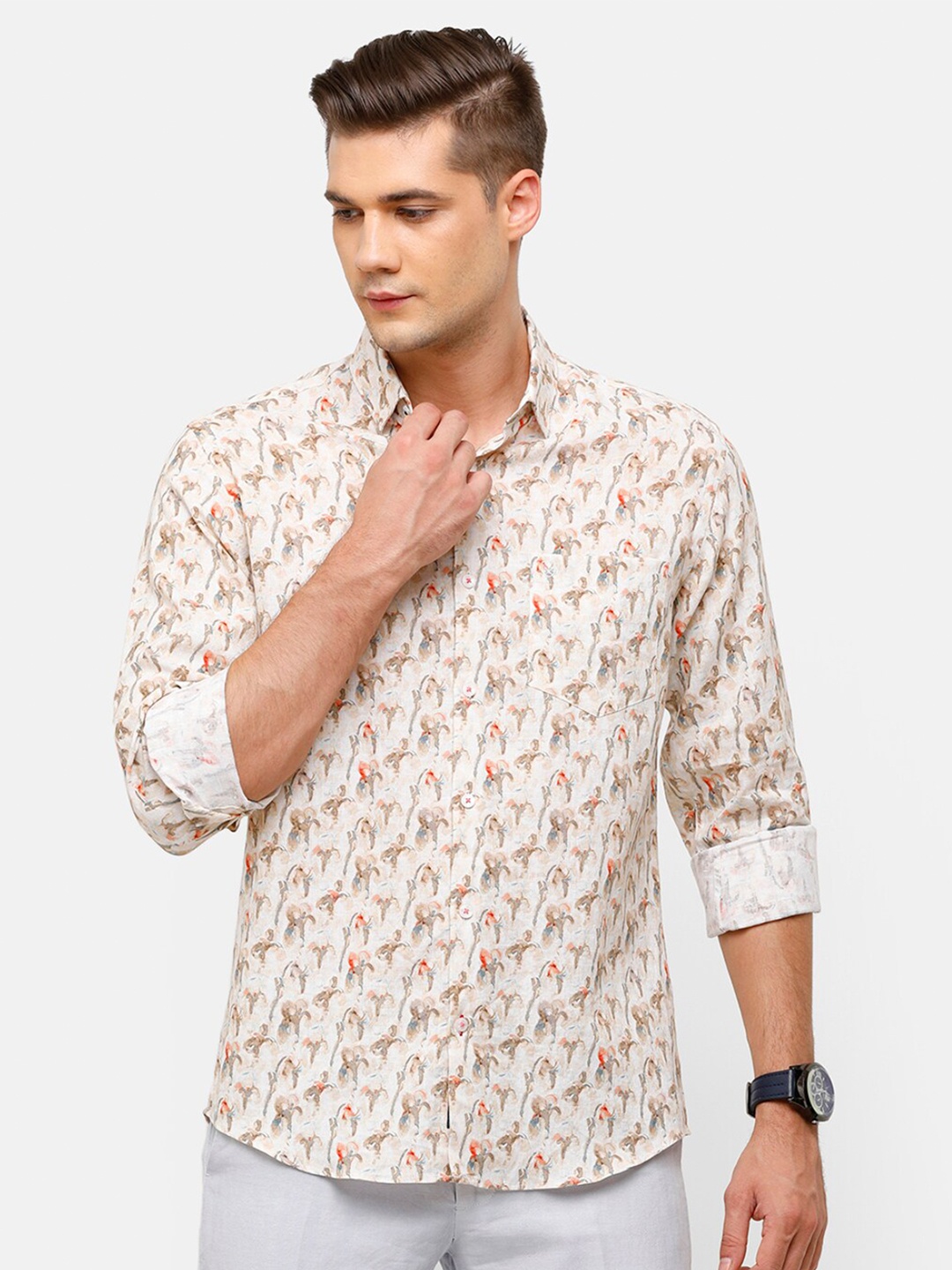 

Linen Club Men Peach-Coloured Floral Printed Linen Casual Shirt