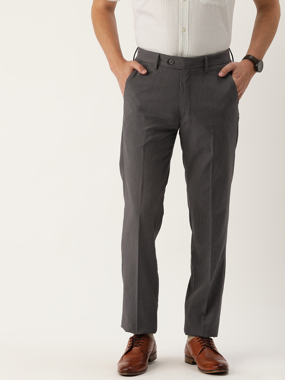 

Peter England Men Grey Textured Slim Fit Trousers