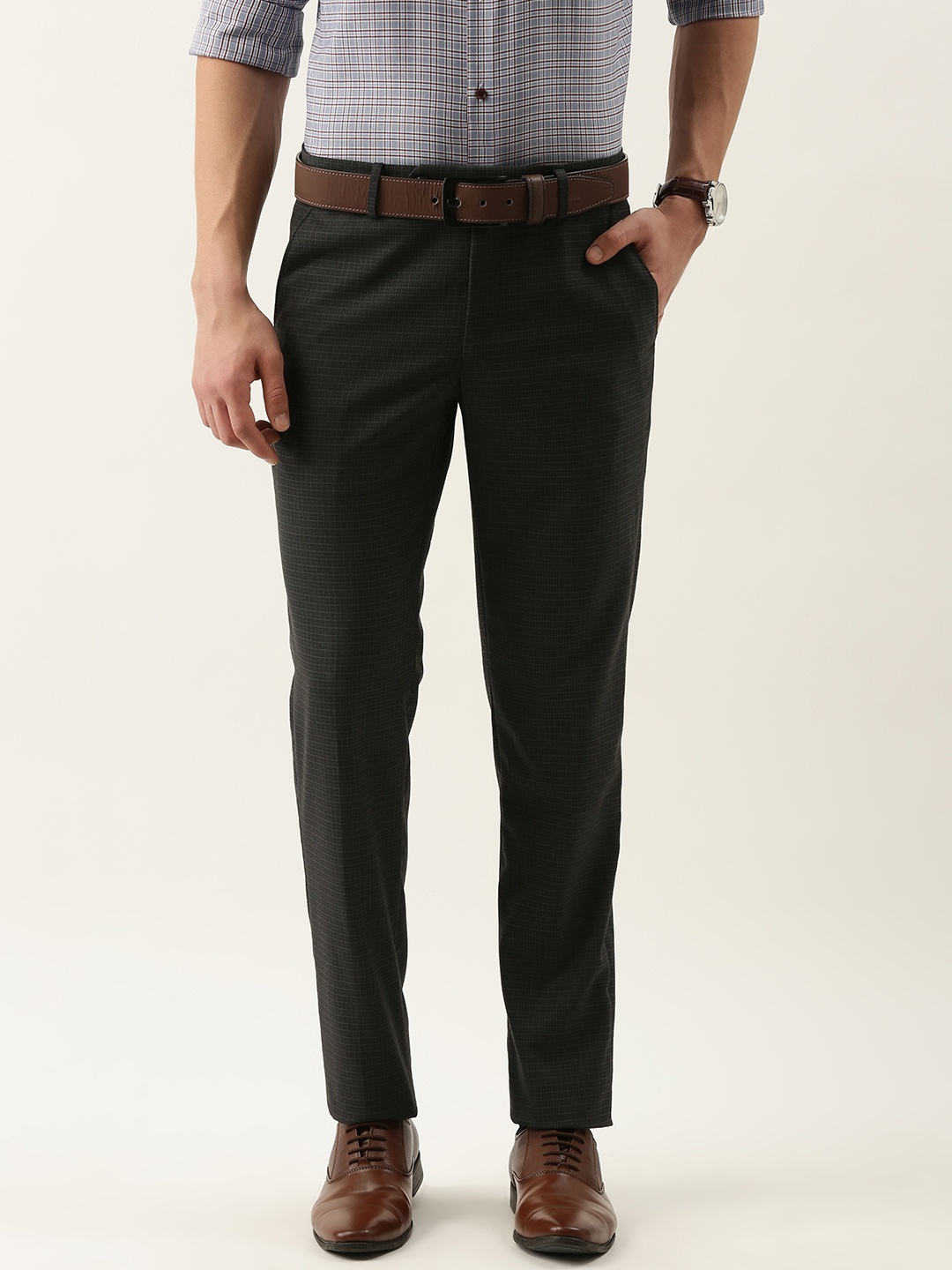 

Peter England Men Charcoal Grey Checked Slim Fit Trousers