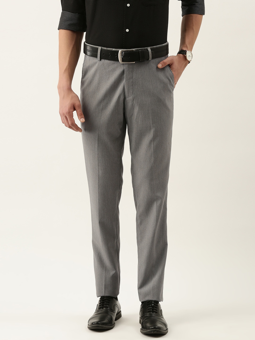 

Peter England Men Grey Textured Slim Fit Trousers
