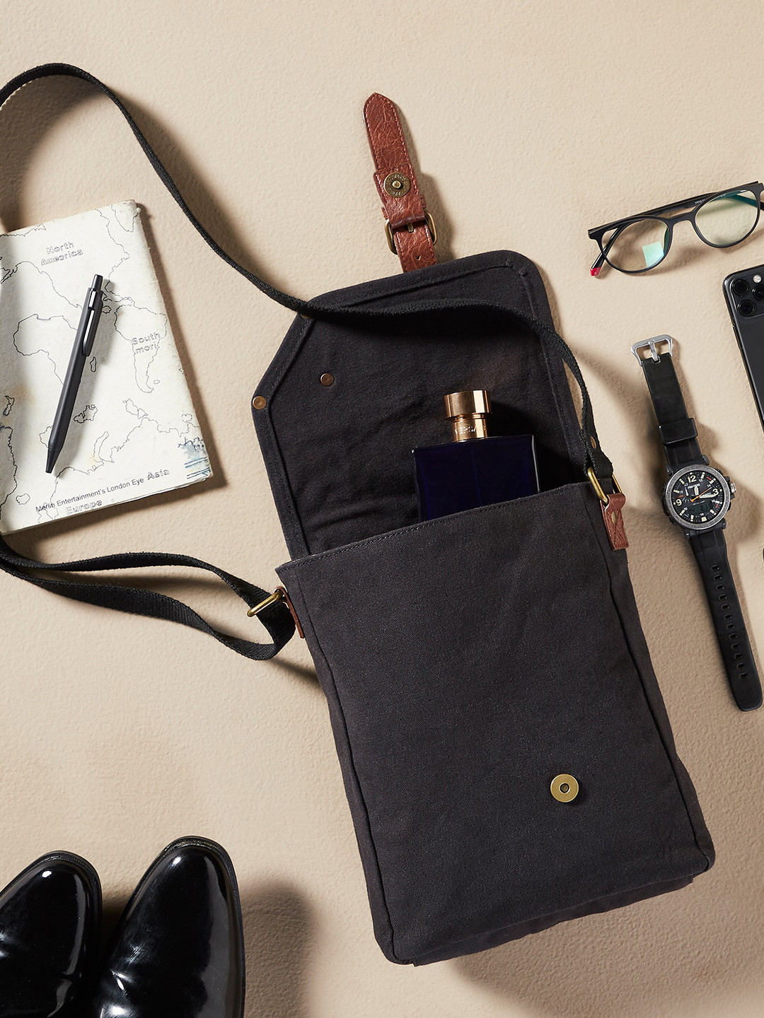 

Mona B Black Solid Upcycled Canvas Crossbody Messenger Bag