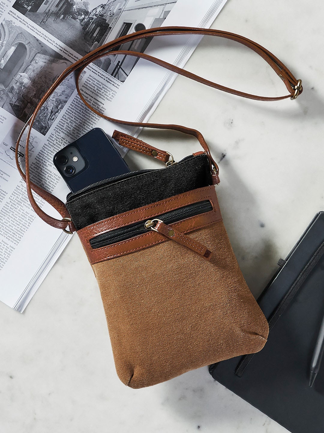 

Mona B Brown & Black Colourblocked Upcycled Canvas Crossbody Bag