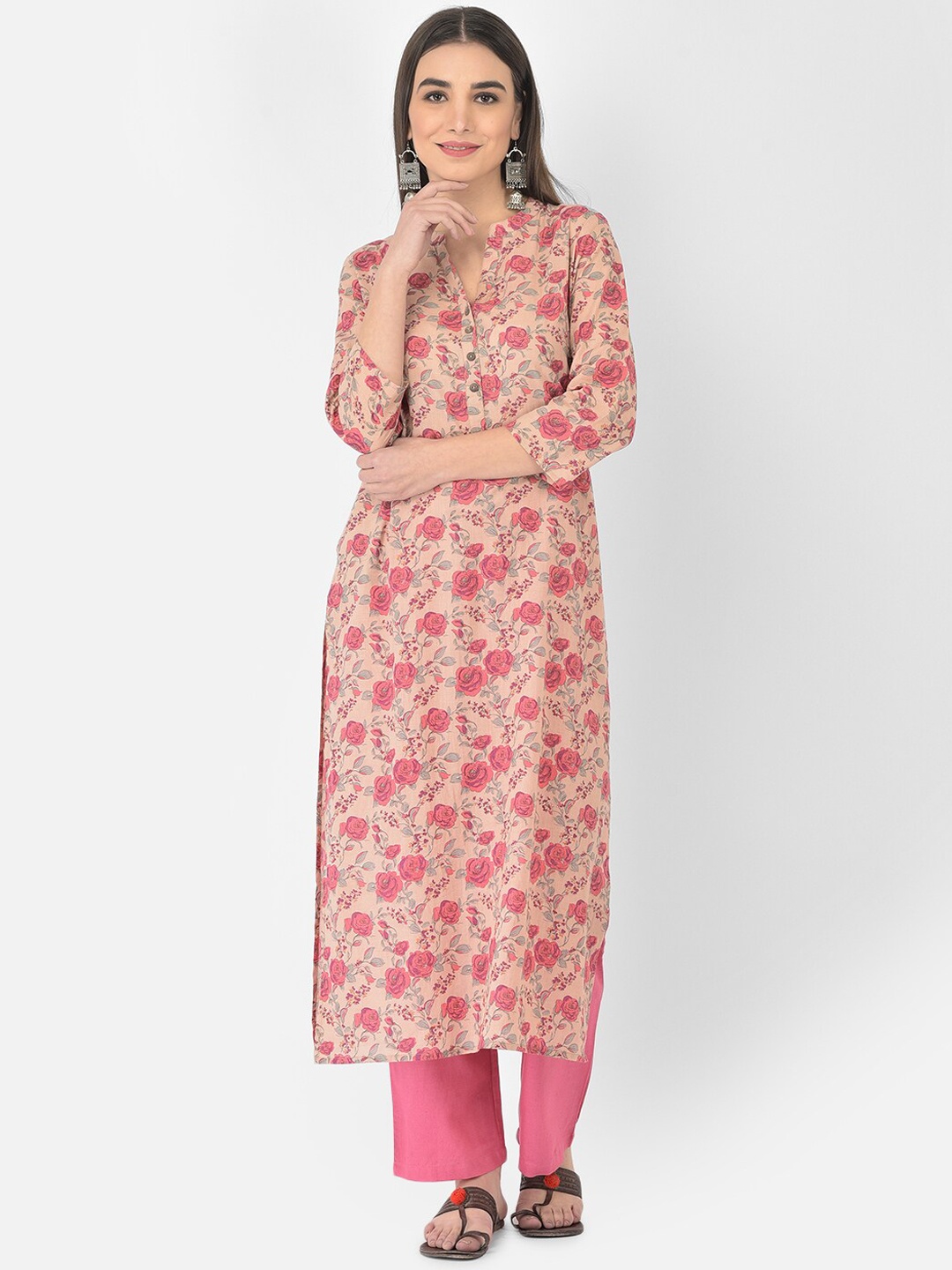 

Pistaa Women Peach & Pink Floral Printed Pure Cotton Kurta with Palazzos