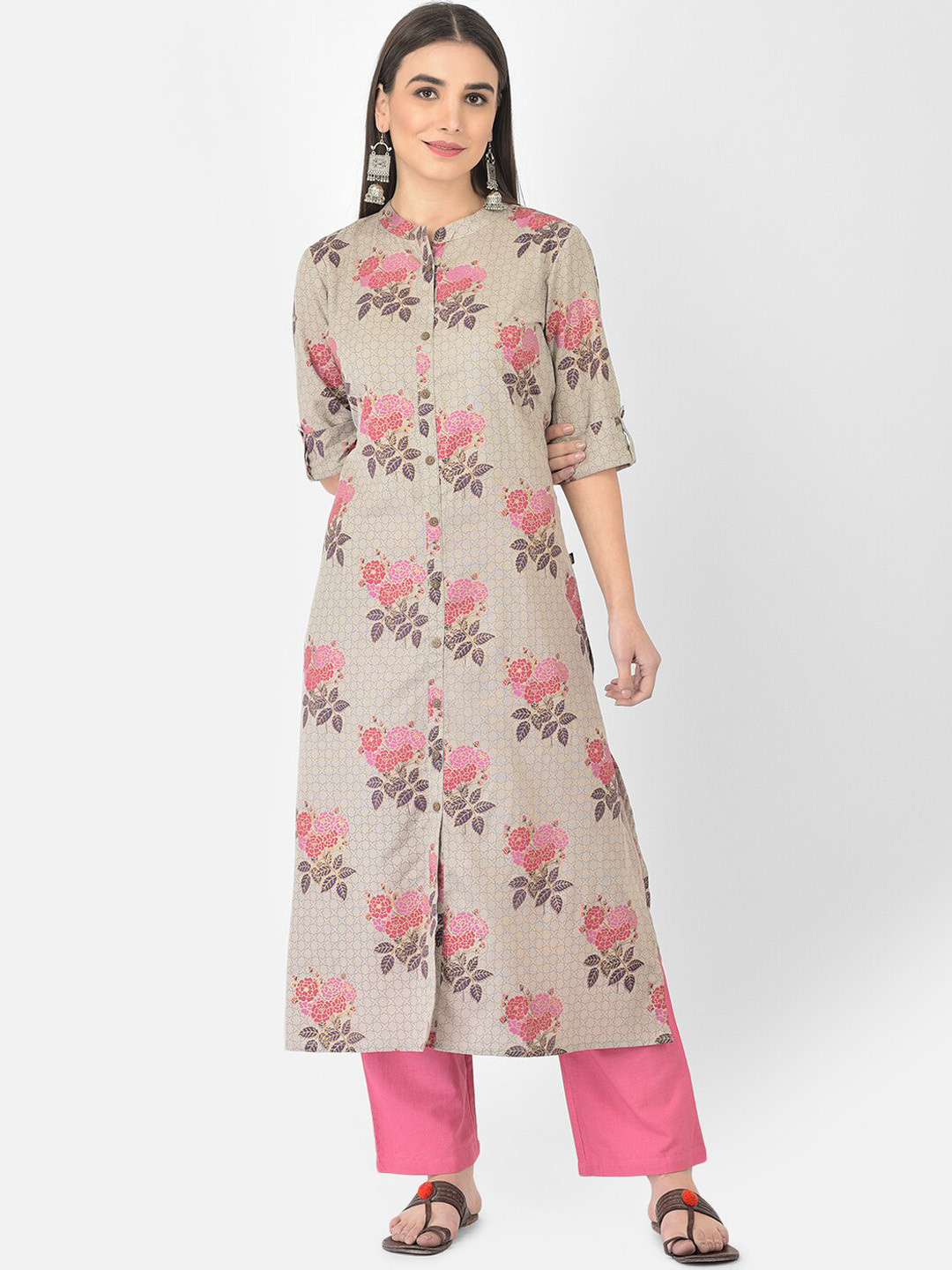 

Pistaa Women Grey & Pink Floral Printed Kurta with Trouser