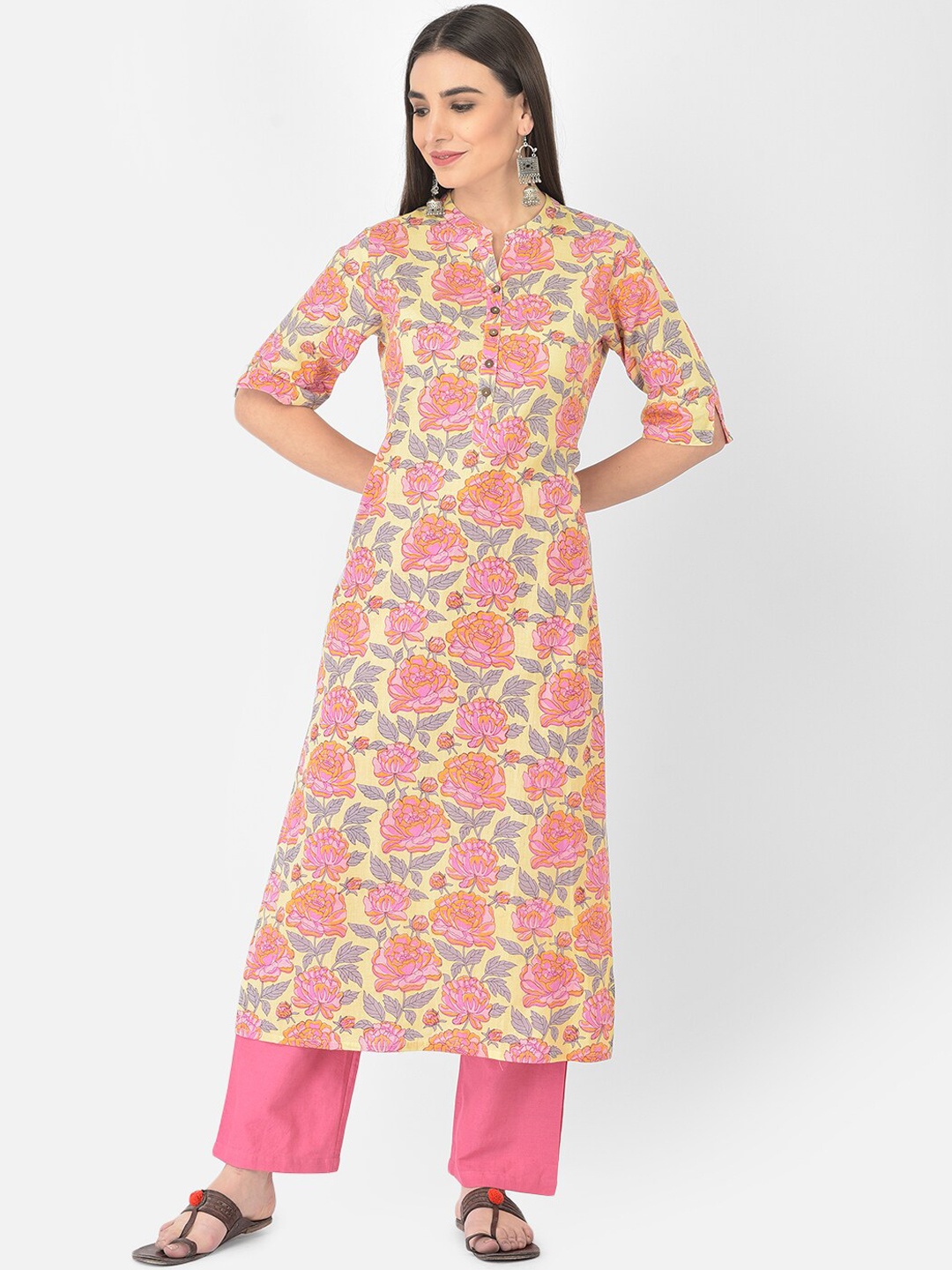 

Pistaa Women Yellow & Pink Floral Printed Pure Cotton Kurta with Trousers
