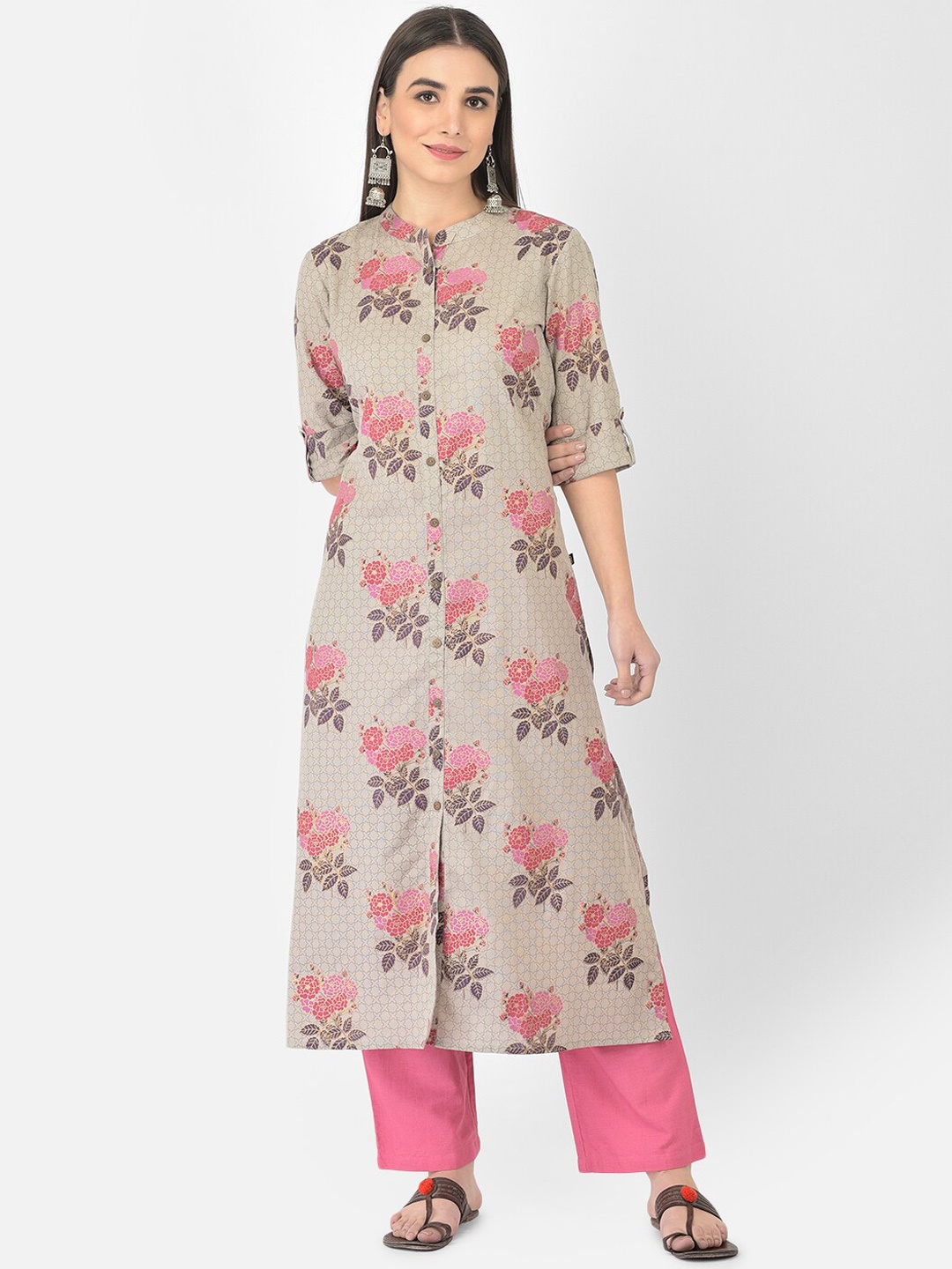

Pistaa Women Grey & Pink Ethnic Motifs Printed Kurta with Palazzos
