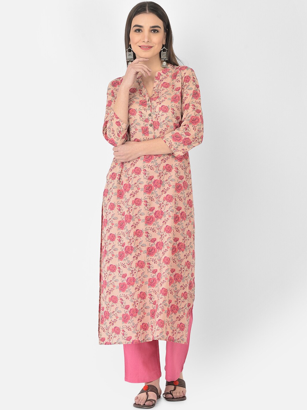 

Pistaa Women Peach-Coloured & Pink Floral Printed Pure Cotton Kurta with Palazzos