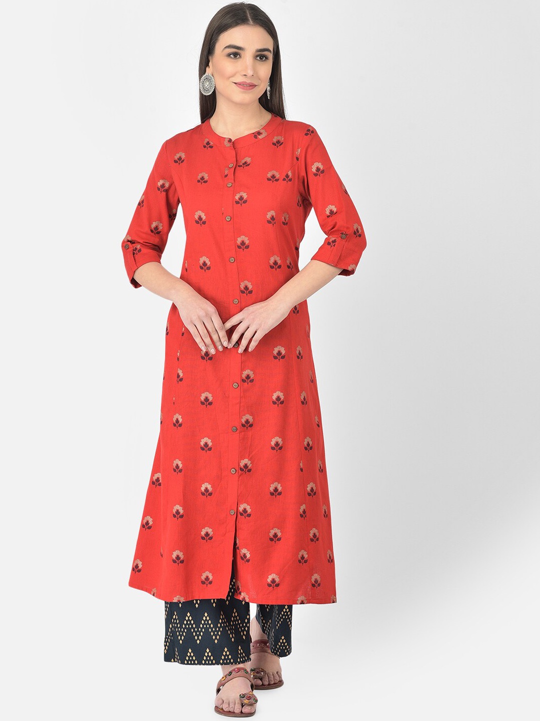 

Pistaa Women Plus Size Red Printed Kurta with Palazzos