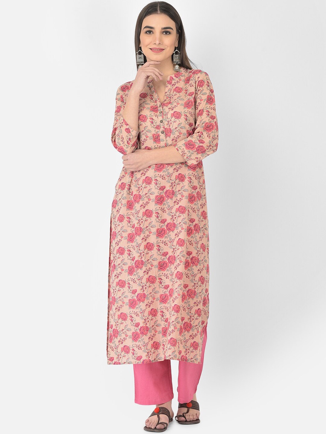 

Pistaa Women Peach-Coloured Floral Printed Pure Cotton Kurta with Palazzos