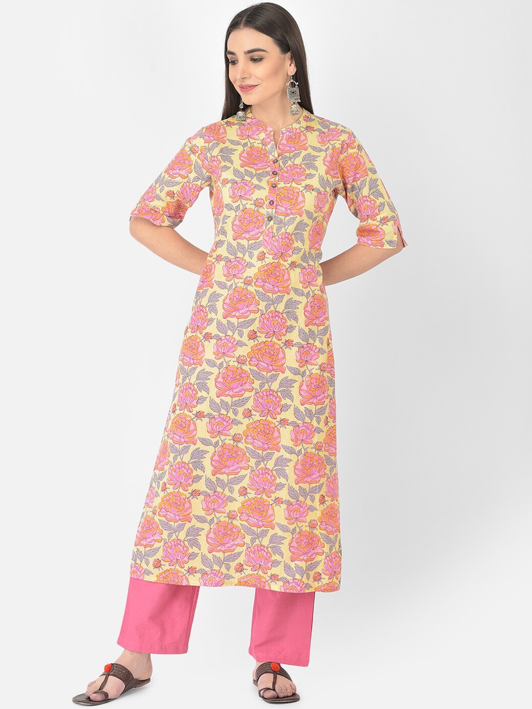 

Pistaa Women Yellow Floral Printed Pure Cotton Kurta with Palazzos