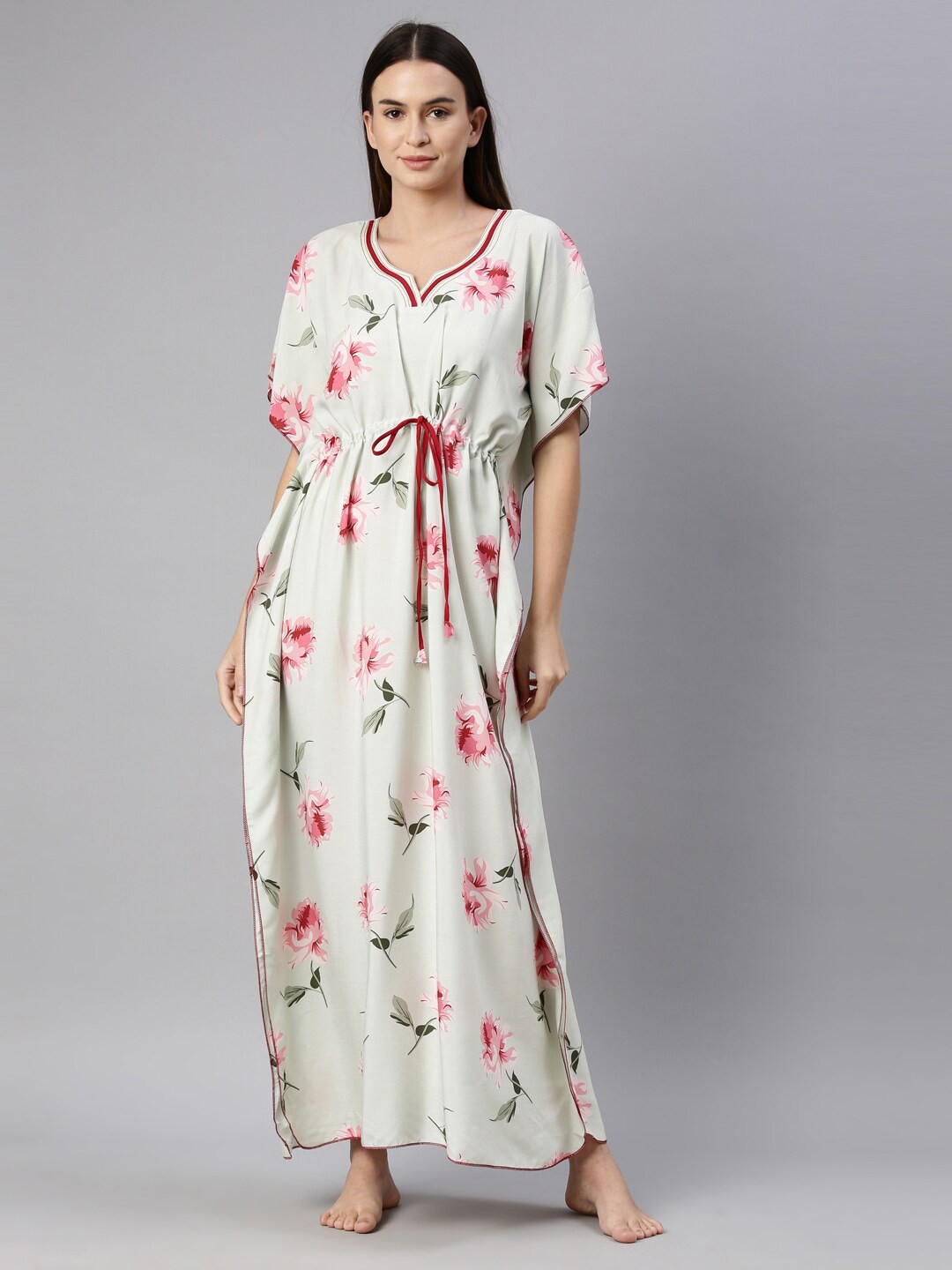

GOLDSTROMS Women White & Pink Floral Printed Maxi Kaftan Nightdress