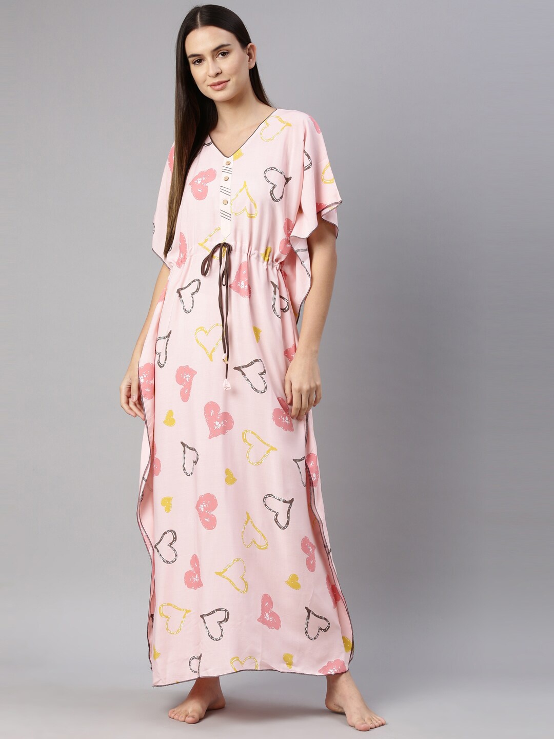 

GOLDSTROMS Pink & Yellow Graphic Printed Maxi Kaftan Nightdress