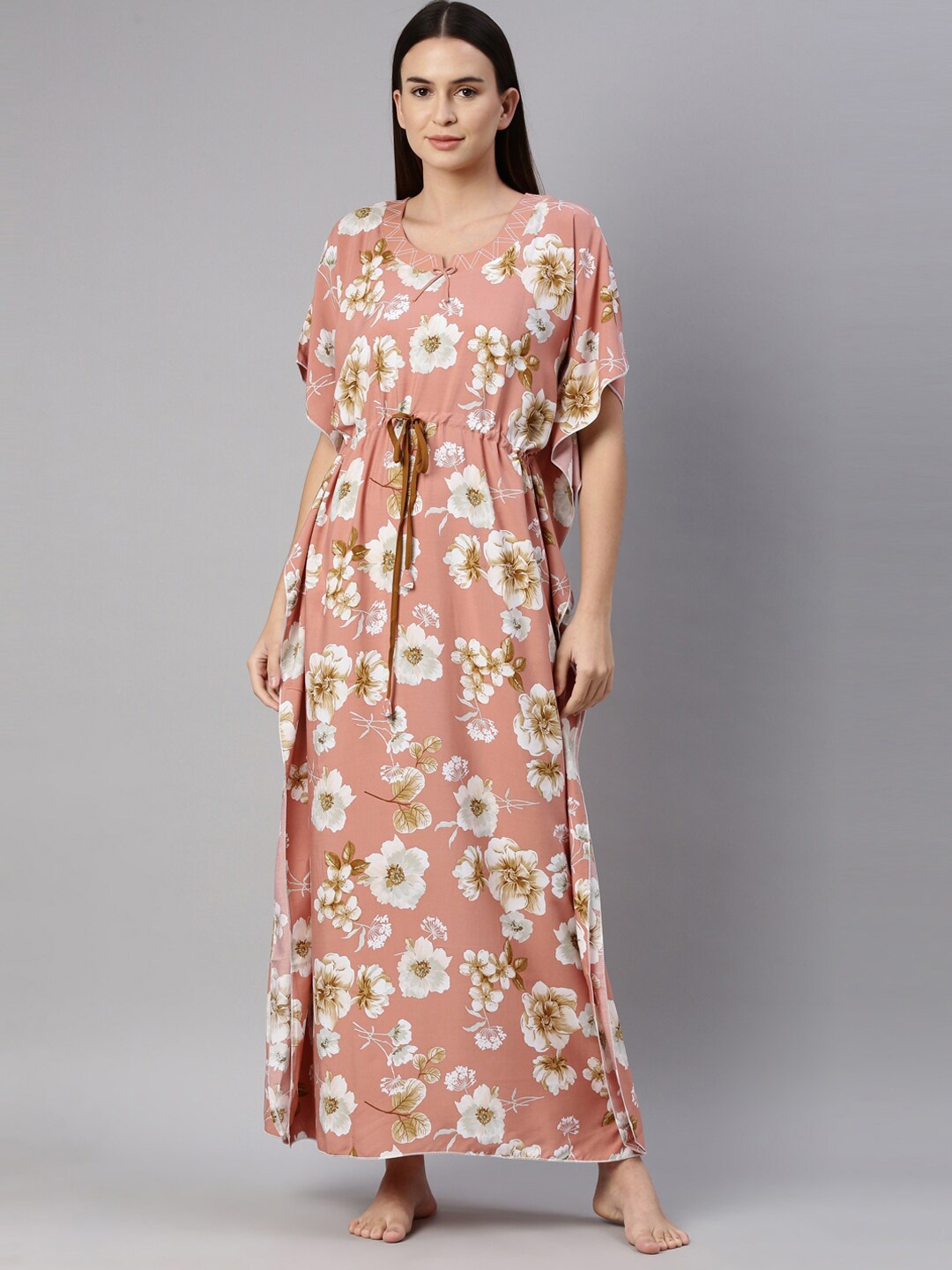 

GOLDSTROMS Women Peach-Coloured Floral Printed Kaftan Nightdress