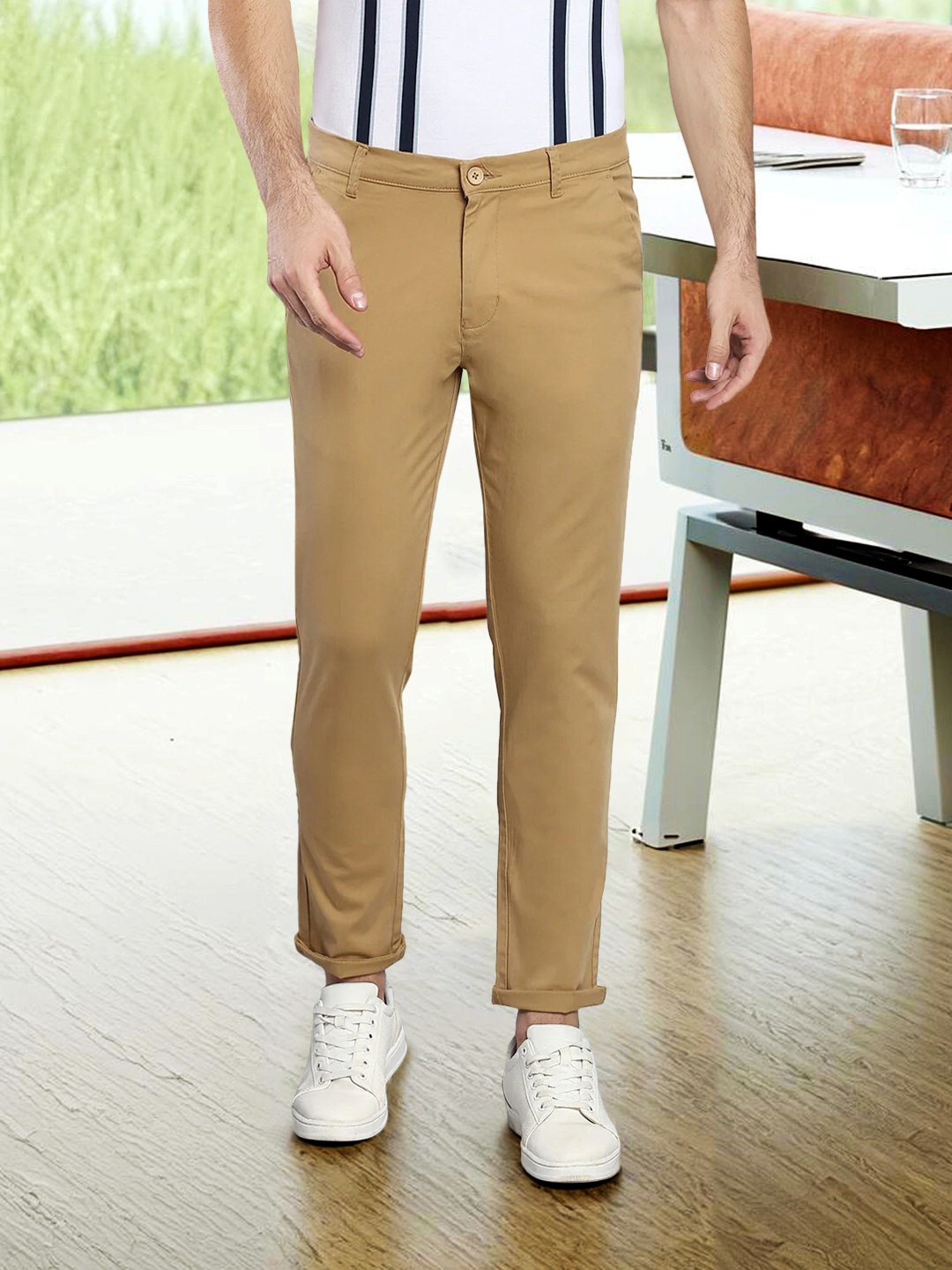 

Dennis Lingo Men Khaki Tapered Fit Cotton Trousers