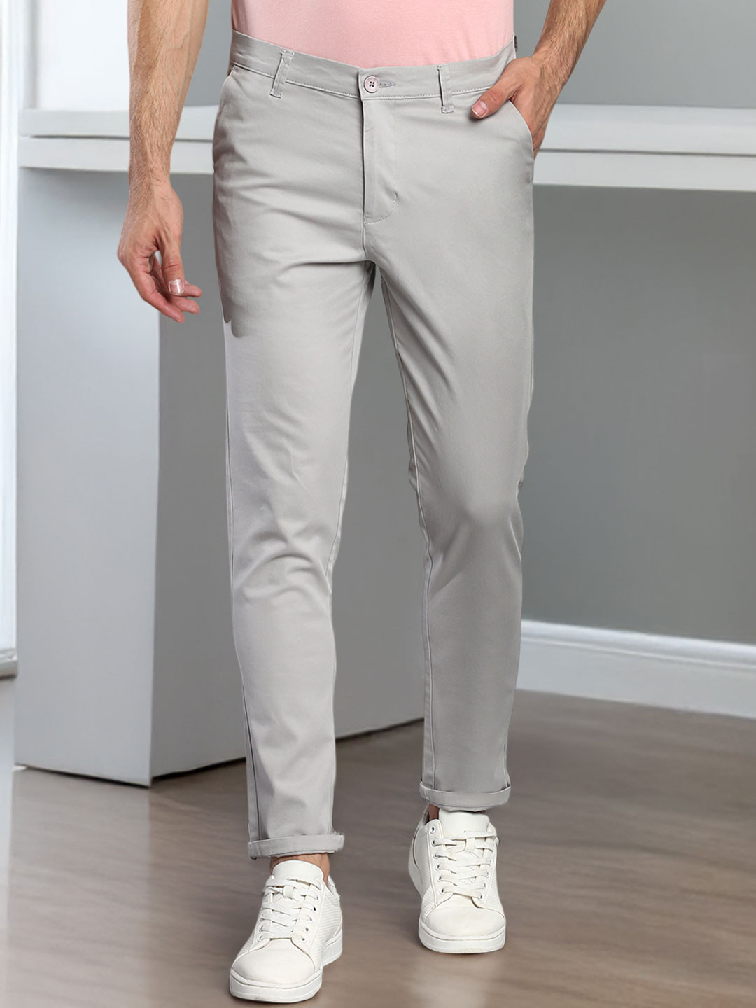 Dennis Lingo Men Grey Tapered Fit Cotton Trousers