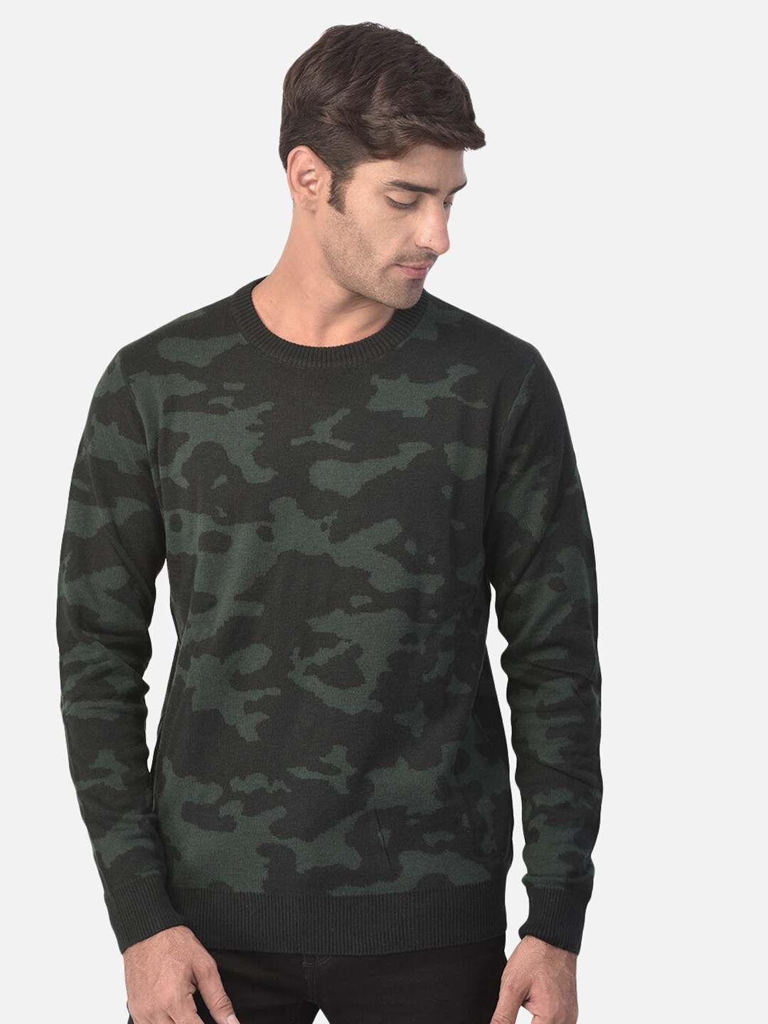 

Woodland Men Green Camouflaged Wool Pullover