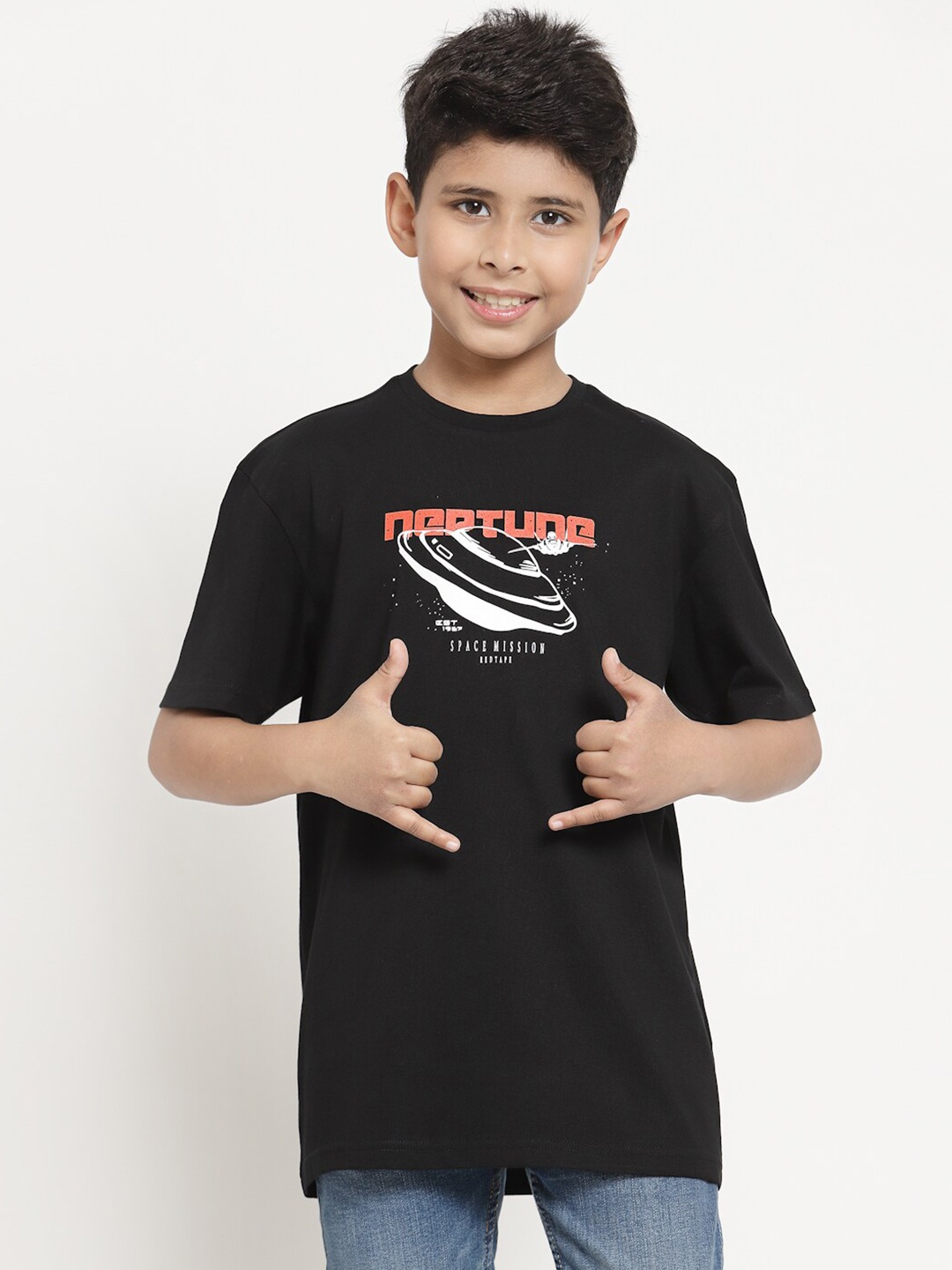 

Red Tape Boys Black Printed Pure Cotton T-shirt