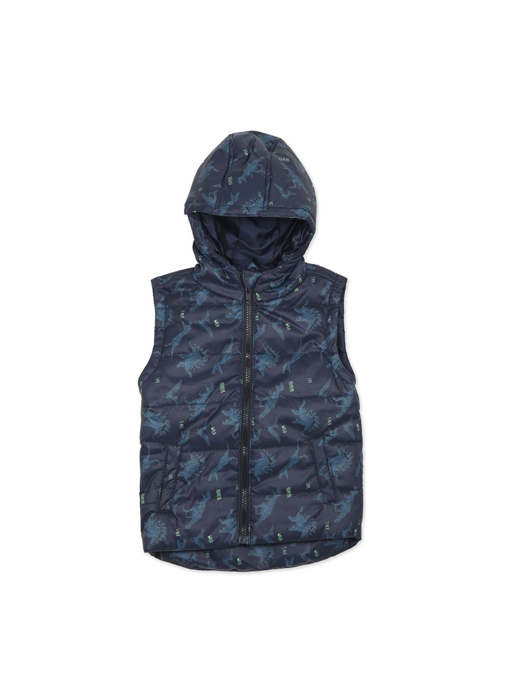 

Donuts Boys Navy Blue Dinosaur Printed Hooded Sleeveless Padded Jacket