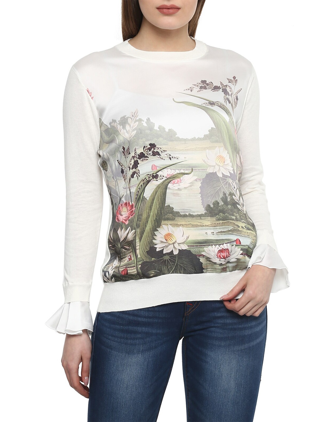 

Ted Baker Women Cream-Coloured & Green Floral Print Top