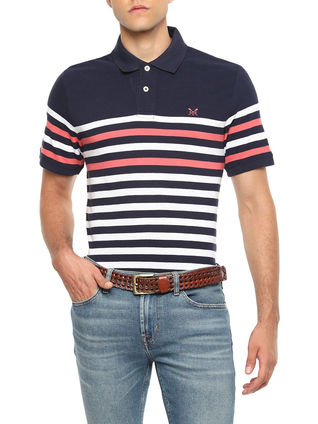 

Crew Clothing Men Navy Blue Striped Cotton Polo Collar Applique T-shirt