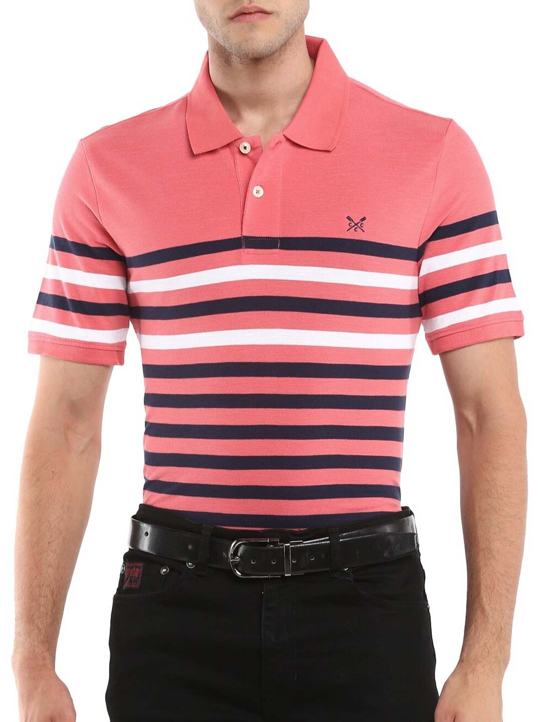 

Crew Clothing Men Pink Striped Polo Collar Cotton T-shirt