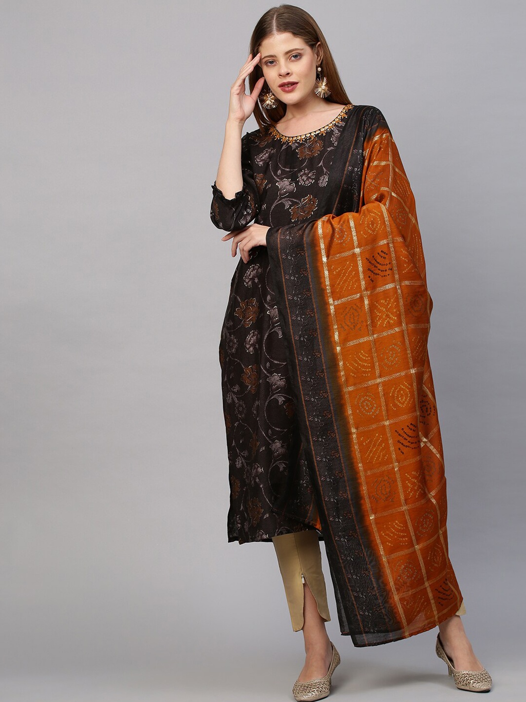 

FASHOR Women Brown Floral Printed Kurta