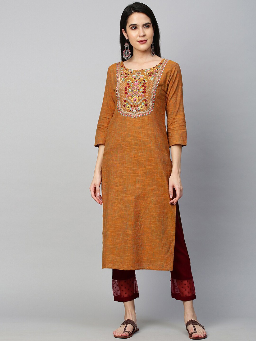

FASHOR Women Yellow Geometric Embroidered Thread Work Kurta