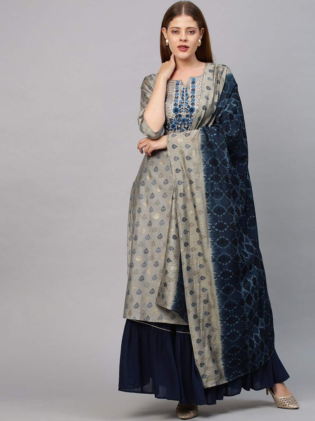 

FASHOR Women Taupe Ethnic Motifs Embroidered Thread Work Chanderi Silk Kurta With Dupatta