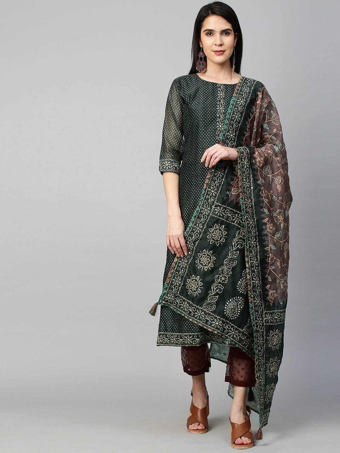 

FASHOR Women Green Ethnic Motifs Printed Flared Sleeves Chanderi Silk Chanderi Silk Anarkali Kurta