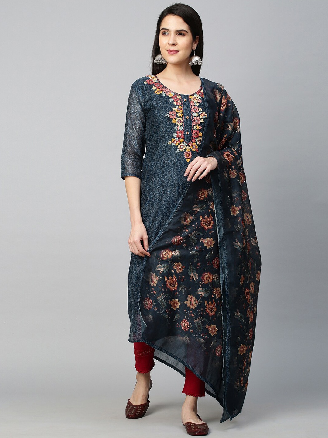 

FASHOR Women Blue Floral Embroidered Chanderi Silk Kurta with Dupatta