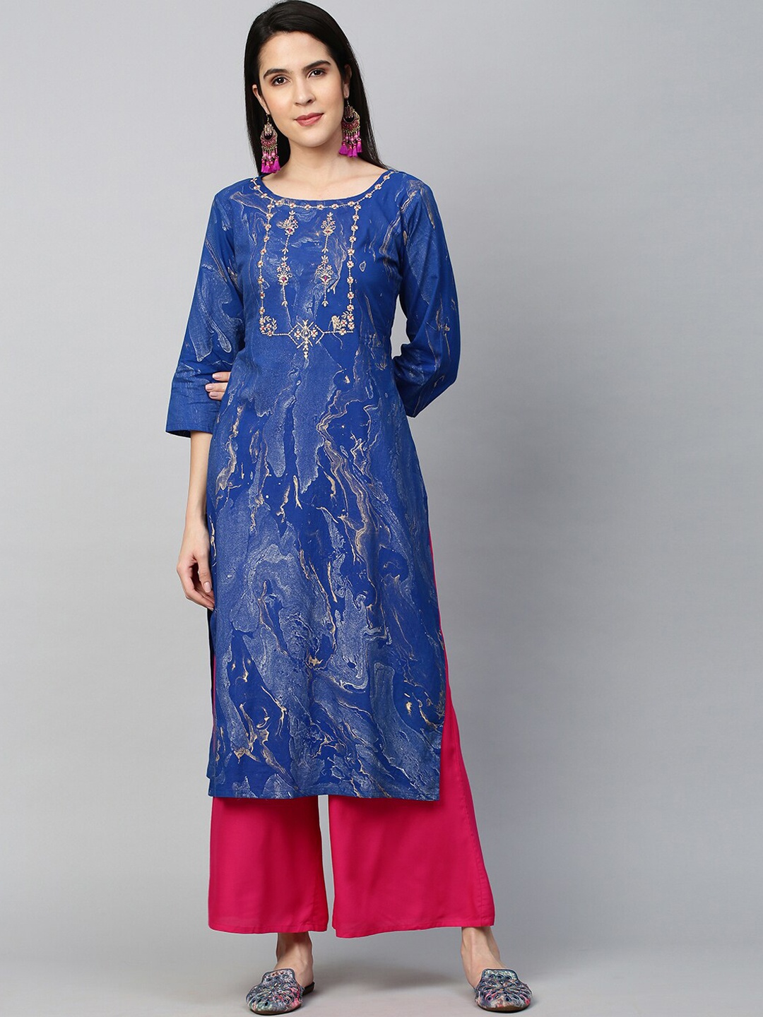 

FASHOR Women Blue Abstract Printed Thread Work Pure Cotton Kurta