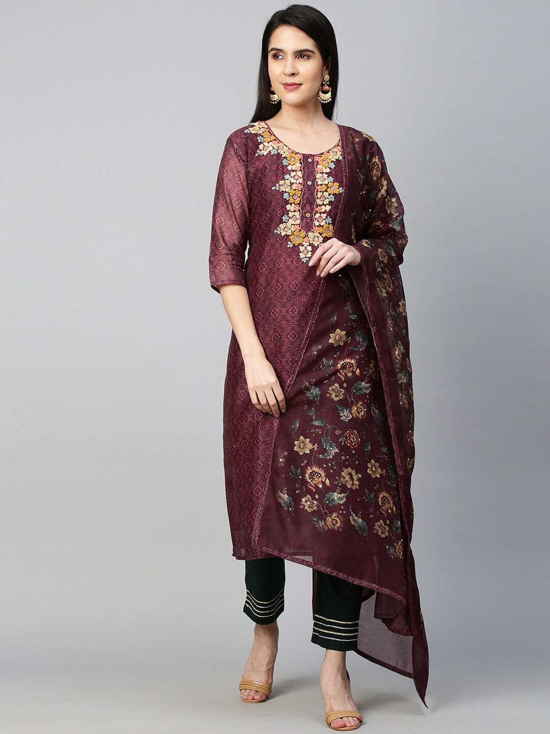 

FASHOR Women Purple Floral Yoke Design Flared Sleeves Chanderi Silk Chanderi Silk Kurta