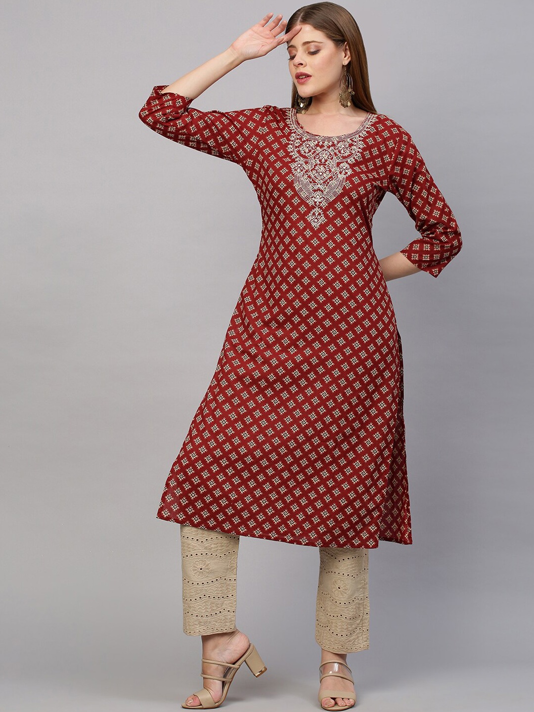 

FASHOR Women Red Ethnic Motifs Printed Cotton Kurta