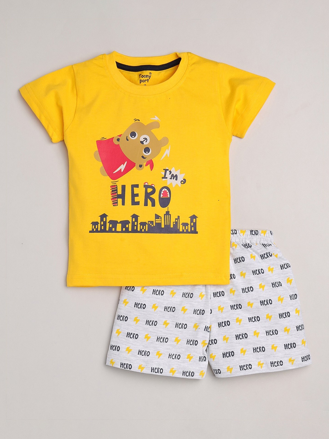 

Toonyport Boys Yellow & White Printed Cotton T-shirt with Shorts