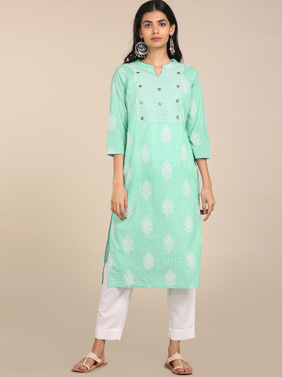 

Karigari Women Sea Green & White Ethnic Motifs Pure Cotton Printed Kurta