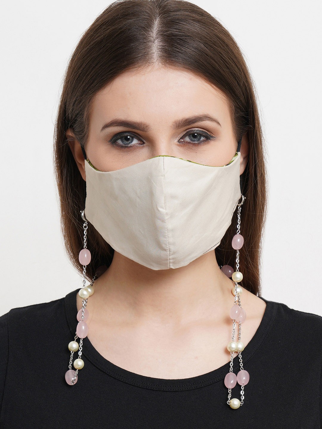

KARATCART Women Pink & White Silver Plated Beaded Mask Chain