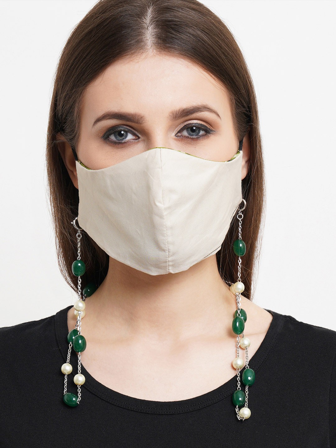 

KARATCART Women Green & White Tumble Stone and Pearl-Studded Mask Chain