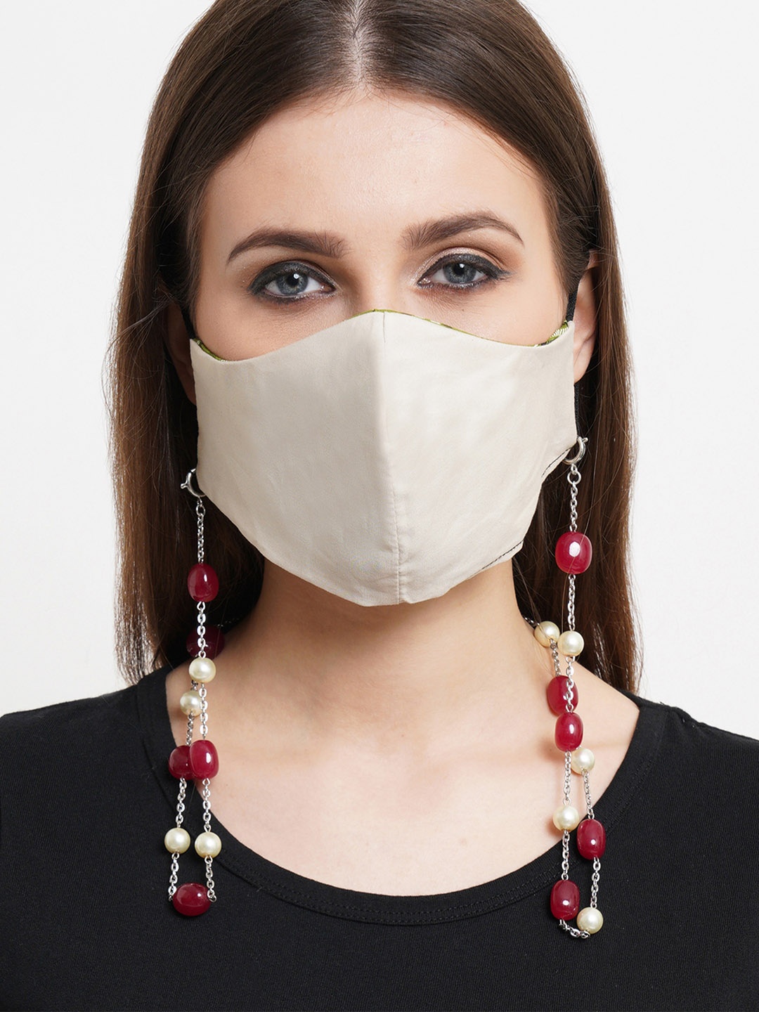 

KARATCART Women Red & White Tumble Stone and Pearl Studded Mask Chain