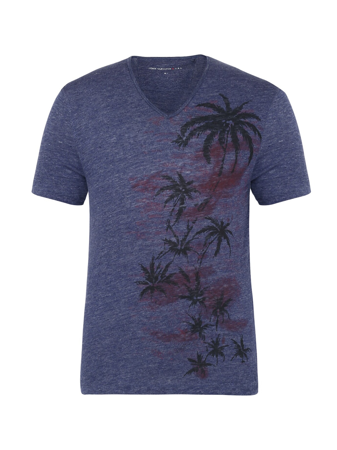 

JOHN VARVATOS Men Blue Floral Printed V-Neck Tropical Cotton T-shirt