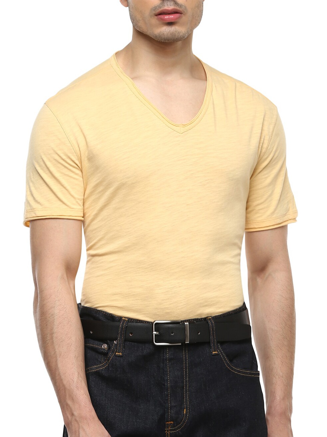 

JOHN VARVATOS Men Orange V-Neck Cotton T-shirt