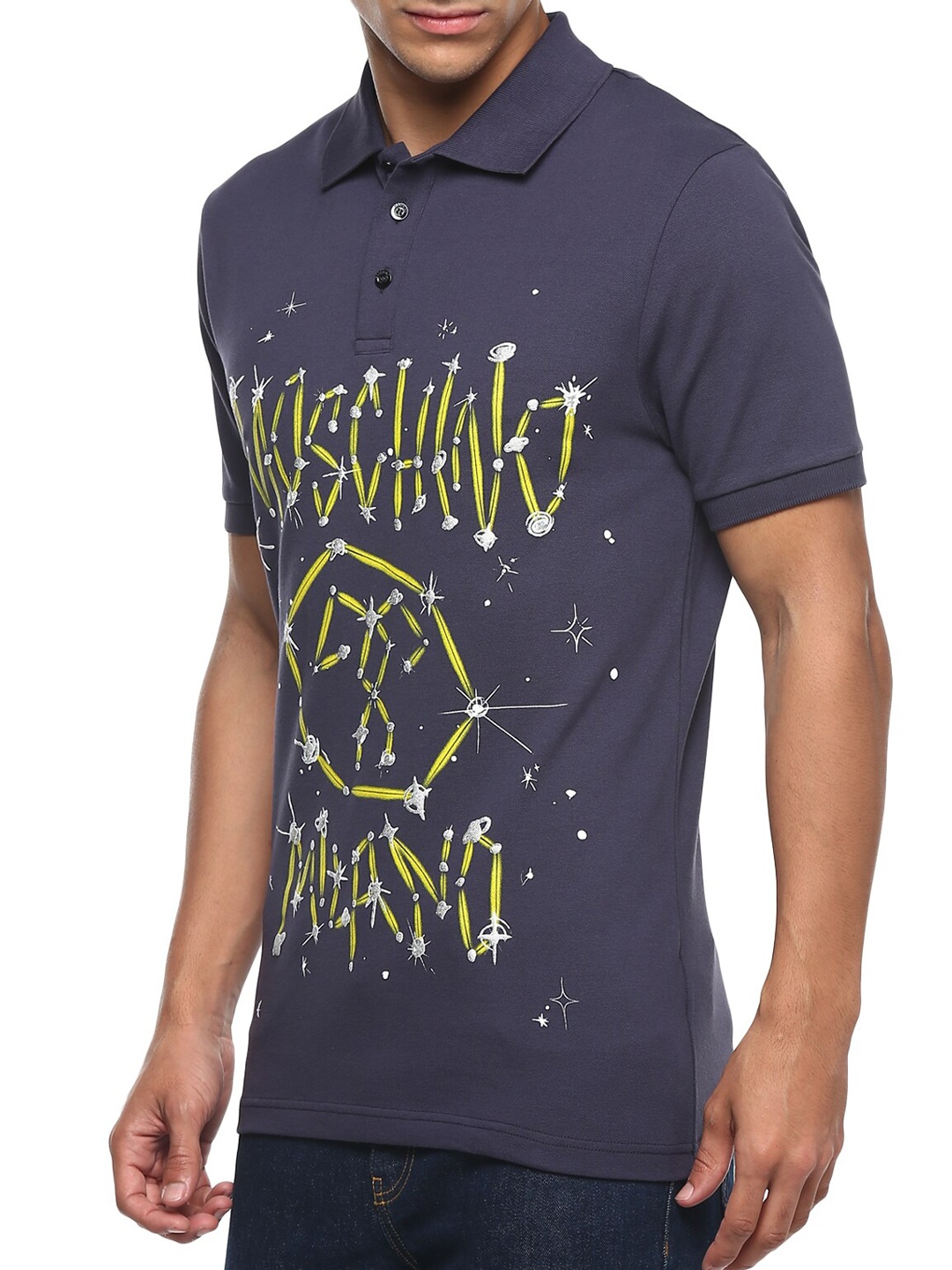 

MOSCHINO COUTURE Men Navy Blue Typography Printed Polo Collar Regular Fit Cotton T-shirt