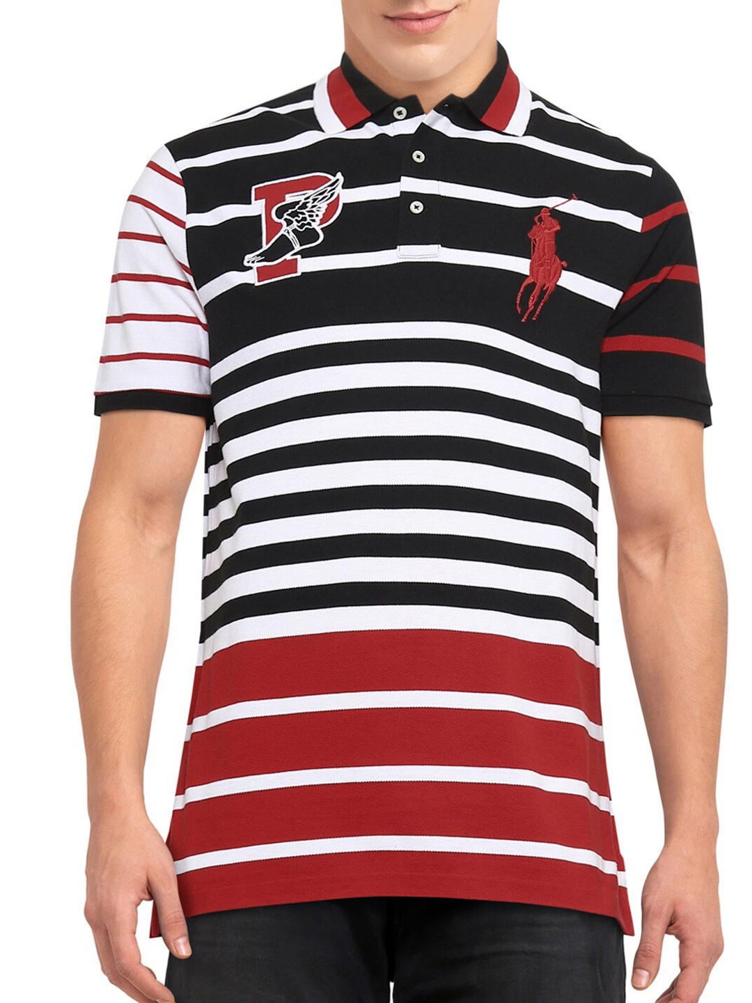 

Polo Ralph Lauren Men Black & White Striped Polo Collar Cotton T-shirt